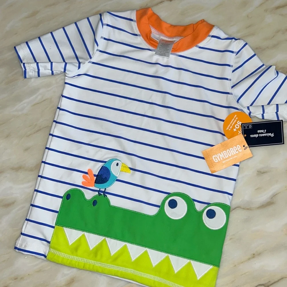 Gymboree Kids Crocodile &‎ Bird Short Sleeve Striped Rash Guard Top Sz 5T 50+UPF